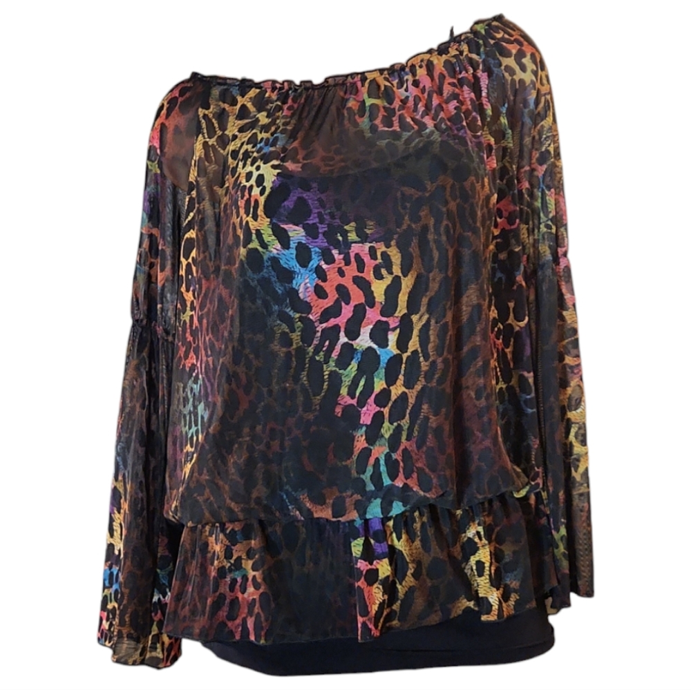 MERCHANT M RAINBOW ANIMAL PRINT SEMI SHEER OFF THE SHOULDER GYPSY TOP